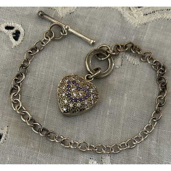 Vintage Sterling Silver Chain Link Toggle Bar Bracelet With Puffy Heart Pendant - Picture 1 of 4
